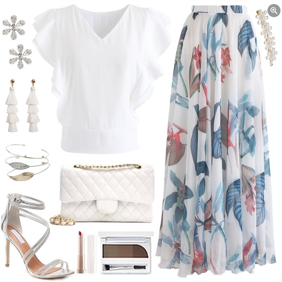 TROPICAL FLORAL WATERCOLOR MAXI SKIRT IN WHITE - Picture 2 of 6